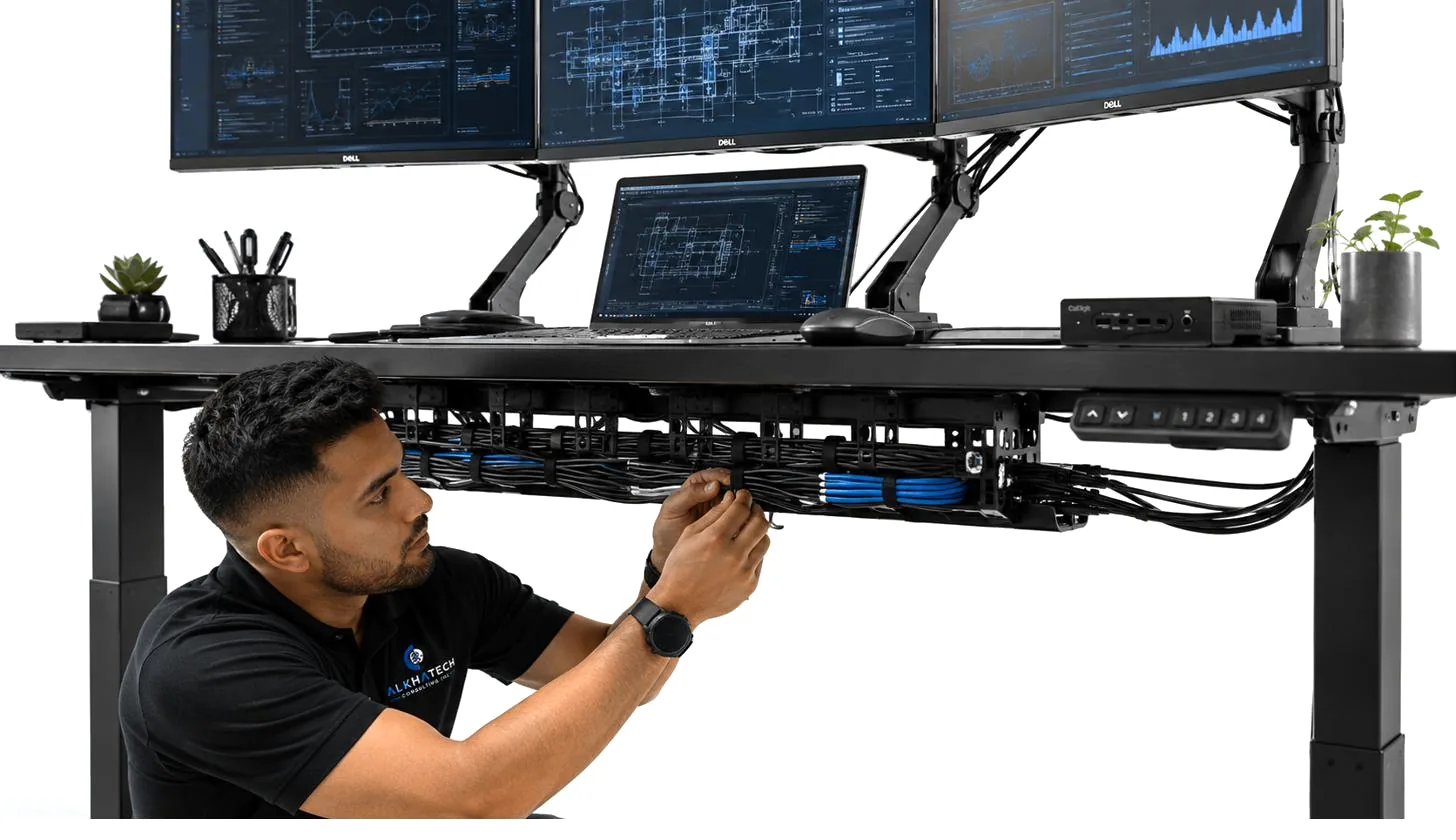Technician tidying cables under a standing desk with three monitors
