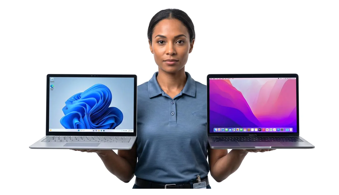 Technician holding a Windows laptop in one hand and a MacBook in the other