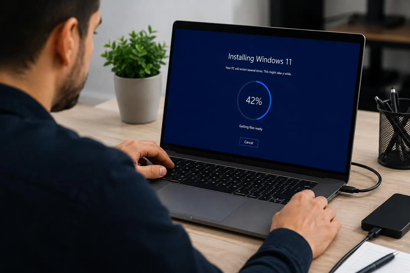 Technician reinstalling Windows 11 on a laptop at a workbench